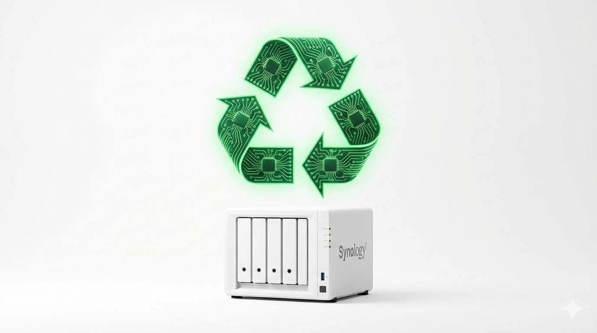 電腦零件回收概念圖,Synology NAS 位於電路板回收標誌中 (Computer Parts Recycling Concept, Synology NAS inside a Circuit Board Recycling Symbol)