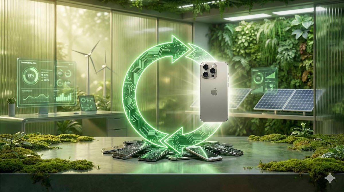 綠色科技回收概念圖,展示舊手機轉換為 iPhone 17 的過程 / Green tech recycling concept art, showing the process of transforming old phones into iPhone 17.
